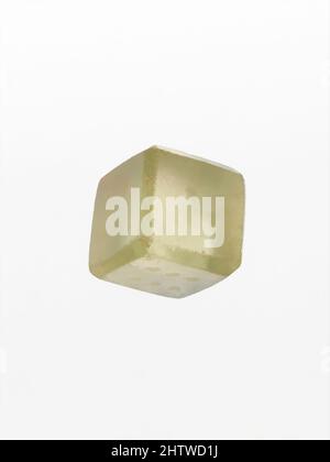 Art inspired by Glass die, Early to Mid Imperial, 1st–2nd century A.D., Roman, Glass; cast and cut, Overall: 9/16 x 1/2 in. (1.4 x 1.3 cm), Glass, Colorless with yellow green tinge. Solid cube with beveled edges and drilled dots on each side. Intact, but slight chipping on edges and, Classic works modernized by Artotop with a splash of modernity. Shapes, color and value, eye-catching visual impact on art. Emotions through freedom of artworks in a contemporary way. A timeless message pursuing a wildly creative new direction. Artists turning to the digital medium and creating the Artotop NFT Stock Photo