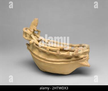 Art inspired by Terracotta model of a ship, Cypro-Archaic II, ca. 600–480 B.C., Cypriot, Terracotta; hand-made, H. 7 in. (17.8 cm), Terracottas, The model depicts, in considerable detail, the features of a contemporary vessel. It includes the helmsman sitting in the bow. All of the, Classic works modernized by Artotop with a splash of modernity. Shapes, color and value, eye-catching visual impact on art. Emotions through freedom of artworks in a contemporary way. A timeless message pursuing a wildly creative new direction. Artists turning to the digital medium and creating the Artotop NFT Stock Photo