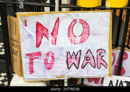 London, UK - March 2nd 2022: An anti-war sign outside the Russian Embassy in London, UK, in protest against the Russian invasion of Ukraine. Stock Photo