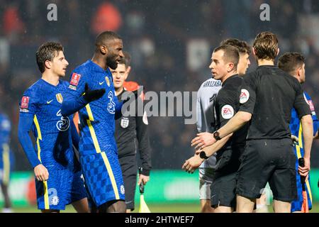 Luton, UK. 13th Mar, 2021. Antonio Rudiger #2 of Chelsea remonstrates with Referee Peter Banks at the end of the game in Luton, United Kingdom on 3/13/2021. (Photo by Richard Washbrooke/News Images/Sipa USA) Credit: Sipa USA/Alamy Live News Stock Photo