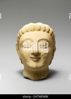 Art inspired by Limestone head of a beardless man, Archaic, ca–520 B.C., Cypriot, Limestone, H.: 6 x 3 3/4 x 5 3/4 in. (15.2 x 9.5 x 14.6 cm), Stone Sculpture, On the head, the hair is divided into large transversal locks that form a kind of arch on the back. The details are indicated, Classic works modernized by Artotop with a splash of modernity. Shapes, color and value, eye-catching visual impact on art. Emotions through freedom of artworks in a contemporary way. A timeless message pursuing a wildly creative new direction. Artists turning to the digital medium and creating the Artotop NFT Stock Photo
