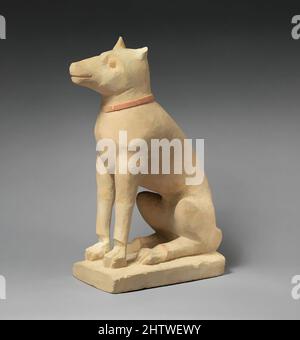 Art inspired by Limestone dog, Late Classical or Early Hellenistic, ca. 4th–3rd century B.C., Cypriot, Limestone, Overall: 17 3/4 x 6 3/8 x 11 in. (45.1 x 16.2 x 27.9 cm), Stone Sculpture, Dogs were a popular subject on Cypriot terracottas of the sixth century B.C., but in later, Classic works modernized by Artotop with a splash of modernity. Shapes, color and value, eye-catching visual impact on art. Emotions through freedom of artworks in a contemporary way. A timeless message pursuing a wildly creative new direction. Artists turning to the digital medium and creating the Artotop NFT Stock Photo