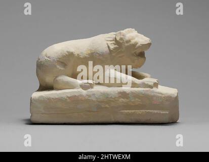 Art inspired by Limestone statuette of a lion, Late Classical or Early Hellenistic, ca. 400–300 B.C., Cypriot, Limestone, H.: 6 3/4 x 10 1/2 x 5 in. (17.1 x 26.7 x 12.7 cm), Stone Sculpture, This recumbent lion may have broken off from a corner of the base of a statue of Herakles, Classic works modernized by Artotop with a splash of modernity. Shapes, color and value, eye-catching visual impact on art. Emotions through freedom of artworks in a contemporary way. A timeless message pursuing a wildly creative new direction. Artists turning to the digital medium and creating the Artotop NFT Stock Photo