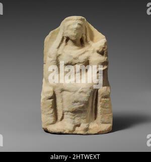 Art inspired by Seated limestone kourotrophos, Classical, 4th century B.C., Cypriot, Limestone, Overall: H.:5 1/2 x W.:3 1/2 x D.:1 3/4 in. (14 x 8.9 x 4.4 cm), Stone Sculpture, Seated 'nursing mother' with child seated upright, Classic works modernized by Artotop with a splash of modernity. Shapes, color and value, eye-catching visual impact on art. Emotions through freedom of artworks in a contemporary way. A timeless message pursuing a wildly creative new direction. Artists turning to the digital medium and creating the Artotop NFT Stock Photo