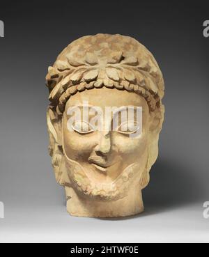 Art inspired by Limestone male head, Archaic, late 6th century B.C., Cypriot, Limestone, Overall: 15 x 9 x 11 in. (38.1 x 22.9 x 27.9 cm), Stone Sculpture, While the foliate wreath identifies the figure as a Cypriot votary, the features of the face—the mustache, the bead, the crisp, Classic works modernized by Artotop with a splash of modernity. Shapes, color and value, eye-catching visual impact on art. Emotions through freedom of artworks in a contemporary way. A timeless message pursuing a wildly creative new direction. Artists turning to the digital medium and creating the Artotop NFT Stock Photo