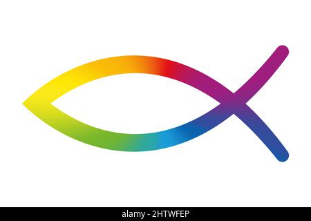 Rainbow colored sign of the fish symbol. Jesus fish, symbol of Christian art, consisting of 2 intersecting arcs, also called ichthys or ichthus. Stock Photo
