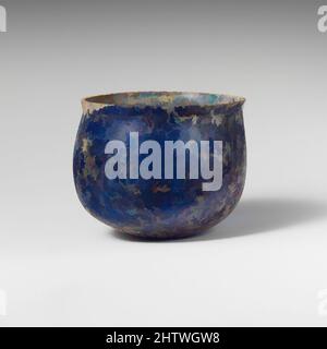 Art inspired by Glass cup, Early Imperial, 1st century A.D., Roman, Glass; blown and cut, 2 1/2 in. (6.4 cm), Glass, Translucent blue. Knocked off, horizontal rim, with slight bulge below; uneven, convex side to body; rounded bottom, with small concave center. Faint wheel-abraded, Classic works modernized by Artotop with a splash of modernity. Shapes, color and value, eye-catching visual impact on art. Emotions through freedom of artworks in a contemporary way. A timeless message pursuing a wildly creative new direction. Artists turning to the digital medium and creating the Artotop NFT Stock Photo