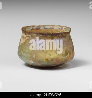 Art inspired by Glass cup, Mid Imperial, 2nd–3rd century A.D., Roman, Glass; blown and cut, Height: 2 3/8in. (6.1cm), Glass, Uncertain, probably colorless with pale blue green tinge. Knocked-off, uneven rim; slightly bulging collar below rim; sides expanding downward, then angled in to, Classic works modernized by Artotop with a splash of modernity. Shapes, color and value, eye-catching visual impact on art. Emotions through freedom of artworks in a contemporary way. A timeless message pursuing a wildly creative new direction. Artists turning to the digital medium and creating the Artotop NFT Stock Photo