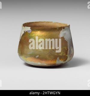 Art inspired by Glass cup, Mid Imperial, 2nd–3rd century A.D., Roman, Glass; blown and cut, Overall: 2 5/8in. (6.6cm), Glass, Uncertain, probably colorless with greenish tinge. Knocked-off, uneven rim; slightly bulging collar below rim; sides expanding downward, then angled in to join, Classic works modernized by Artotop with a splash of modernity. Shapes, color and value, eye-catching visual impact on art. Emotions through freedom of artworks in a contemporary way. A timeless message pursuing a wildly creative new direction. Artists turning to the digital medium and creating the Artotop NFT Stock Photo