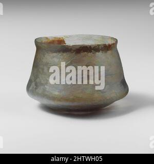 Art inspired by Glass cup, Mid Imperial, 2nd–3rd century A.D., Roman, Glass; blown, Overall: 2 3/16in. (5.5cm), Glass, Translucent pale blue green. Knocked-off, uneven rim; slightly bulging collar below rim; straight sides expanding downward, with pronounced projecting ridge below, Classic works modernized by Artotop with a splash of modernity. Shapes, color and value, eye-catching visual impact on art. Emotions through freedom of artworks in a contemporary way. A timeless message pursuing a wildly creative new direction. Artists turning to the digital medium and creating the Artotop NFT Stock Photo