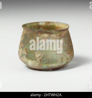 Art inspired by Glass cup, Mid Imperial, 2nd–3rd century A.D., Roman, Glass; blown and cut, Overall: 2 3/4in. (6.9cm), Glass, Colorless with blue green tinge. Knocked-off, uneven rim; slightly bulging collar below rim; sides expanding downward, then angled in to join bottom with pushed, Classic works modernized by Artotop with a splash of modernity. Shapes, color and value, eye-catching visual impact on art. Emotions through freedom of artworks in a contemporary way. A timeless message pursuing a wildly creative new direction. Artists turning to the digital medium and creating the Artotop NFT Stock Photo