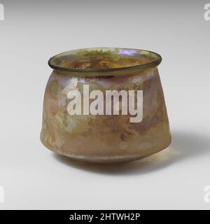Art inspired by Glass cup, Mid Imperial, 2nd–3rd century A.D., Roman, Glass; blown, Height: 2 1/4in. (5.7cm), Glass, Colorless with greenish tinge. Everted rim, with rounded and thickened lip; uneven, undulating side expanding downwards with slight projecting ridge at base, then angled, Classic works modernized by Artotop with a splash of modernity. Shapes, color and value, eye-catching visual impact on art. Emotions through freedom of artworks in a contemporary way. A timeless message pursuing a wildly creative new direction. Artists turning to the digital medium and creating the Artotop NFT Stock Photo