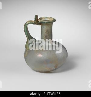 Art inspired by Glass jug, Early to Mid Imperial, 1st–2nd century A.D., Roman, Glass; blown, H.: 2 3/4 in. (7 cm), Glass, Translucent light blue green, with same color handle. Rim folded out, over, and in, with beveled upper surface; cylindrical neck; squat, globular body; small, Classic works modernized by Artotop with a splash of modernity. Shapes, color and value, eye-catching visual impact on art. Emotions through freedom of artworks in a contemporary way. A timeless message pursuing a wildly creative new direction. Artists turning to the digital medium and creating the Artotop NFT Stock Photo