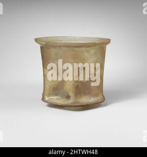 Art inspired by Glass beaker, Mid Imperial, 2nd–3rd century A.D., Roman, Glass; blown, H: 2 7/8 in. (7.3 cm), Glass, Colorless. Rim short and everted, cracked off and ground; indented body with sides expanding slightly downwards and projecting rounded collar below; hexagonal sides to, Classic works modernized by Artotop with a splash of modernity. Shapes, color and value, eye-catching visual impact on art. Emotions through freedom of artworks in a contemporary way. A timeless message pursuing a wildly creative new direction. Artists turning to the digital medium and creating the Artotop NFT Stock Photo