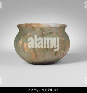 Art inspired by Glass ribbed bowl, Early Imperial, mid-1st century A.D., Roman, Glass; blown and tooled, greatest diameter: 2 5/16 in. (5.9 cm), Glass, Translucent pale blue green. Knocked-off, outsplayed rim; short concave neck; bulging side curving in to thick, flat bottom with, Classic works modernized by Artotop with a splash of modernity. Shapes, color and value, eye-catching visual impact on art. Emotions through freedom of artworks in a contemporary way. A timeless message pursuing a wildly creative new direction. Artists turning to the digital medium and creating the Artotop NFT Stock Photo