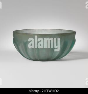 Art inspired by Glass ribbed bowl, Early Imperial, 1st century A.D., Roman, Glass; cast, tooled, and cut, 2 1/16 x 4 9/16in. (5.2 x 11.6cm), Glass, Translucent blue green. Plain rounded rim; sides curving in to slightly concave bottom. On exterior, fifteen prominent, almost vertical, Classic works modernized by Artotop with a splash of modernity. Shapes, color and value, eye-catching visual impact on art. Emotions through freedom of artworks in a contemporary way. A timeless message pursuing a wildly creative new direction. Artists turning to the digital medium and creating the Artotop NFT Stock Photo