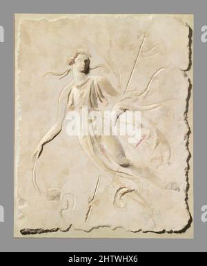 Art inspired by Stucco relief panel, Early Imperial, 2nd half of 1st century A.D., Roman, Stucco, Overall: 16 7/8 x 13 5/8 x 2 1/4 in. (42.9 x 34.6 x 5.7 cm), Miscellaneous-Stucco, The female figure probably represents a maenad, one of the female followers of Dionysos. As she floats, Classic works modernized by Artotop with a splash of modernity. Shapes, color and value, eye-catching visual impact on art. Emotions through freedom of artworks in a contemporary way. A timeless message pursuing a wildly creative new direction. Artists turning to the digital medium and creating the Artotop NFT Stock Photo