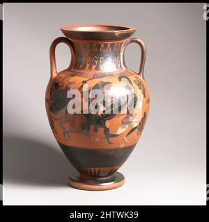 Art inspired by Neck-amphora, Archaic, last quarter of 6th century B.C., Greek, Attic, Terracotta; black-figure, Diameter: 7 × 5 × 3 15/16 in. (17.8 × 12.7 × 9.9 cm), Vases, Classic works modernized by Artotop with a splash of modernity. Shapes, color and value, eye-catching visual impact on art. Emotions through freedom of artworks in a contemporary way. A timeless message pursuing a wildly creative new direction. Artists turning to the digital medium and creating the Artotop NFT Stock Photo