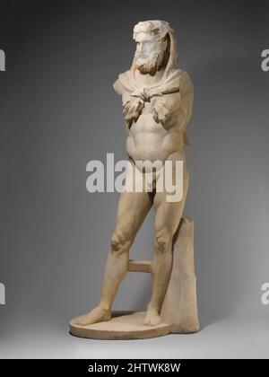 Art inspired by Marble statue of a bearded Hercules, Early Imperial, Flavian, A.D. 68–98, Roman, Marble, Island, H. without pedestal 93 3/4 in. (238.20 cm.), Stone Sculpture, Restorations made during the early 17th century: both legs, the plinth, the support at the left leg, pieces in, Classic works modernized by Artotop with a splash of modernity. Shapes, color and value, eye-catching visual impact on art. Emotions through freedom of artworks in a contemporary way. A timeless message pursuing a wildly creative new direction. Artists turning to the digital medium and creating the Artotop NFT Stock Photo