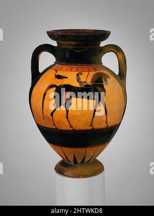 Art inspired by Terracotta neck-amphora (jar), Archaic, ca. 560–550 B.C., Greek, Attic, Terracotta; black-figure, H. 14 7/16 in. (36.7 cm), Vases, While the function of a particular vase shape remained quite constant, the manner of decoration allowed many variations—such as the, Classic works modernized by Artotop with a splash of modernity. Shapes, color and value, eye-catching visual impact on art. Emotions through freedom of artworks in a contemporary way. A timeless message pursuing a wildly creative new direction. Artists turning to the digital medium and creating the Artotop NFT Stock Photo