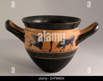 Art inspired by Mastoid skyphos, Archaic, ca. 500–490 B.C., Greek, Attic, Terracotta; black-figure, Other (width w/ handles): 6 1/4 in. (15.9 cm), Vases, Classic works modernized by Artotop with a splash of modernity. Shapes, color and value, eye-catching visual impact on art. Emotions through freedom of artworks in a contemporary way. A timeless message pursuing a wildly creative new direction. Artists turning to the digital medium and creating the Artotop NFT Stock Photo