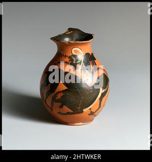 Art inspired by Terracotta oinochoe (jug), Archaic, early 5th century B.C., Greek, Attic, Terracotta; black-figure, H. 3 13/16 in. (9.7 cm.), Vases, The representation of Herakles fighting the Nemean lion is the most common depiction in Archaic Greek art of all the hero's labors. In, Classic works modernized by Artotop with a splash of modernity. Shapes, color and value, eye-catching visual impact on art. Emotions through freedom of artworks in a contemporary way. A timeless message pursuing a wildly creative new direction. Artists turning to the digital medium and creating the Artotop NFT Stock Photo
