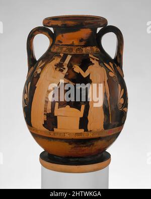 Art inspired by Terracotta pelike (jar), Classical, mid-5th century B.C., Greek, Attic, Terracotta; red-figure, H. 16 1/2 in. (41.9 cm), Vases, Obverse, Apollo and his sister, Artemis, pouring libation at altar, Reverse, two women. Dressing in a long chiton, Apollo holds a kithara, the, Classic works modernized by Artotop with a splash of modernity. Shapes, color and value, eye-catching visual impact on art. Emotions through freedom of artworks in a contemporary way. A timeless message pursuing a wildly creative new direction. Artists turning to the digital medium and creating the Artotop NFT Stock Photo