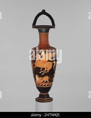 Art inspired by Terracotta bail-amphora (jar), Hellenistic, ca. 330–310 B.C., Greek, South Italian, Campanian, Terracotta; red-figure, H. 24 3/4 in. (62.9 cm), Vases, Obverse, Bellerophon and the chimaera, Reverse, two youths. The Ixion Painter was the foremost Campanian artist of the, Classic works modernized by Artotop with a splash of modernity. Shapes, color and value, eye-catching visual impact on art. Emotions through freedom of artworks in a contemporary way. A timeless message pursuing a wildly creative new direction. Artists turning to the digital medium and creating the Artotop NFT Stock Photo