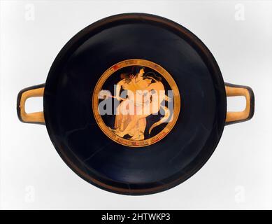 Art inspired by Terracotta kylix (drinking cup), Archaic, ca. 490–480 B.C., Greek, Attic, Terracotta; red-figure, H. 5 in. (12.7 cm), Vases, Interior, satyr and maenad, Exterior, satyrs and maenads. Makron's satyrs and maenads (male and female followers of Dionysos, the god of wine, Classic works modernized by Artotop with a splash of modernity. Shapes, color and value, eye-catching visual impact on art. Emotions through freedom of artworks in a contemporary way. A timeless message pursuing a wildly creative new direction. Artists turning to the digital medium and creating the Artotop NFT Stock Photo