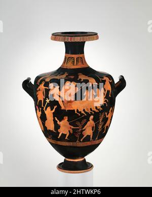 Art inspired by Terracotta hydria (water jar), Late Classical, ca. 340–330 B.C., Greek, South Italian, Apulian, Terracotta; red-figure, H. 29 3/4 in. (75.6 cm), Vases, The abduction of Persephone by Hades surrounded by gods. The myth of the abduction of Persephone was situated in, Classic works modernized by Artotop with a splash of modernity. Shapes, color and value, eye-catching visual impact on art. Emotions through freedom of artworks in a contemporary way. A timeless message pursuing a wildly creative new direction. Artists turning to the digital medium and creating the Artotop NFT Stock Photo