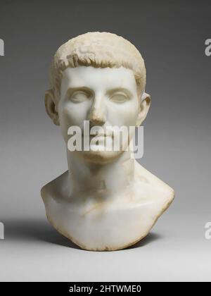 Art inspired by Marble portrait bust of a man, Early Imperial, Flavian, A.D. 81–96, Roman, Marble, H. 16 1/2 in. (41.9 cm), Stone Sculpture, The carefully styled hair on this young man resembles the short coiffure combed forward in undulating waves found on portraits of the emperor, Classic works modernized by Artotop with a splash of modernity. Shapes, color and value, eye-catching visual impact on art. Emotions through freedom of artworks in a contemporary way. A timeless message pursuing a wildly creative new direction. Artists turning to the digital medium and creating the Artotop NFT Stock Photo