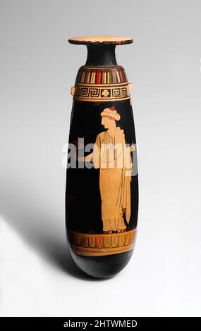 Art inspired by Terracotta alabastron (perfume vase), Classical, ca. 440 B.C., Greek, Attic, Terracotta; red-figure, H. 6 13/16 in. (17.3 cm), Vases, Obverse, woman with mirror, Reverse, woman with plemochoe (perfume vase). The column indicates that the scene is set indoors, and the, Classic works modernized by Artotop with a splash of modernity. Shapes, color and value, eye-catching visual impact on art. Emotions through freedom of artworks in a contemporary way. A timeless message pursuing a wildly creative new direction. Artists turning to the digital medium and creating the Artotop NFT Stock Photo