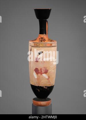 Art inspired by Terracotta lekythos (oil flask), Classical, ca. 440 B.C., Greek, Attic, Terracotta; white-ground, H. 12 7/8 in. (32.7 cm), Vases, Amazon using a slingshot. The Klügmann Painter is distinguished from his contemporaries by his depictions of mythological figures and scenes, Classic works modernized by Artotop with a splash of modernity. Shapes, color and value, eye-catching visual impact on art. Emotions through freedom of artworks in a contemporary way. A timeless message pursuing a wildly creative new direction. Artists turning to the digital medium and creating the Artotop NFT Stock Photo