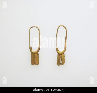 Art inspired by Earring, boat-shaped, Gold, Other (A): 5/8 × 5/16 × 2 1/8 in. (1.5 × 0.7 × 5.3 cm), Gold and Silver, Classic works modernized by Artotop with a splash of modernity. Shapes, color and value, eye-catching visual impact on art. Emotions through freedom of artworks in a contemporary way. A timeless message pursuing a wildly creative new direction. Artists turning to the digital medium and creating the Artotop NFT Stock Photo