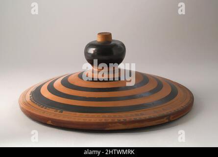 Art inspired by Lid of a neck-amphora, Archaic, 6th century B.C., Greek, Attic, Terracotta; black-figure, 3 1/8in. (8cm), Vases, Classic works modernized by Artotop with a splash of modernity. Shapes, color and value, eye-catching visual impact on art. Emotions through freedom of artworks in a contemporary way. A timeless message pursuing a wildly creative new direction. Artists turning to the digital medium and creating the Artotop NFT Stock Photo