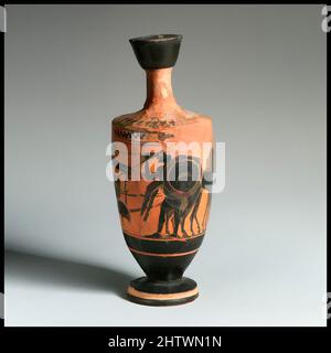 Art inspired by Lekythos, Late Archaic, 1st quarter of the 5th century B.C., Greek, Attic, Terracotta; black-figure, H. 7 1/16 in. (18 cm), Vases, Classic works modernized by Artotop with a splash of modernity. Shapes, color and value, eye-catching visual impact on art. Emotions through freedom of artworks in a contemporary way. A timeless message pursuing a wildly creative new direction. Artists turning to the digital medium and creating the Artotop NFT Stock Photo