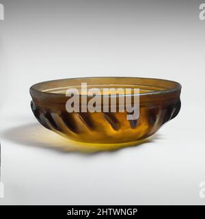 Art inspired by Glass ribbed bowl, Late Hellenistic, 1st century B.C., Greek, Eastern Mediterranean, Glass; cast, tooled, and cut, H.: 2 1/8 in. (5.4 cm), Glass, Translucent honey brown but with greenish tinge., Slightly inverted rim with almost pointed top edge; sides curving in to, Classic works modernized by Artotop with a splash of modernity. Shapes, color and value, eye-catching visual impact on art. Emotions through freedom of artworks in a contemporary way. A timeless message pursuing a wildly creative new direction. Artists turning to the digital medium and creating the Artotop NFT Stock Photo