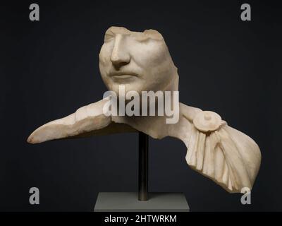 Art inspired by Marble male portrait bust, Mid Imperial, Hadrianic, ca. A.D. 130, Roman, Marble, Overall: 11 3/8 x 18 3/16 in. (28.9 x 46.2 cm), Stone Sculpture, The fragmentary bust of a man in a paludamentum (military cloak) was later hollowed out for use as a gutter spout, Classic works modernized by Artotop with a splash of modernity. Shapes, color and value, eye-catching visual impact on art. Emotions through freedom of artworks in a contemporary way. A timeless message pursuing a wildly creative new direction. Artists turning to the digital medium and creating the Artotop NFT Stock Photo
