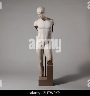 Art inspired by Marble statue of a youth, Imperial, 1st century A.D., Roman, Marble, Pentelic, H. 45 3/4 in. (116.2 cm), Stone Sculpture, Roman copy of Greek original. Adaptation of a Greek statue type of the late, 5th century B.C.. The pose of this statue probably derives from a, Classic works modernized by Artotop with a splash of modernity. Shapes, color and value, eye-catching visual impact on art. Emotions through freedom of artworks in a contemporary way. A timeless message pursuing a wildly creative new direction. Artists turning to the digital medium and creating the Artotop NFT Stock Photo