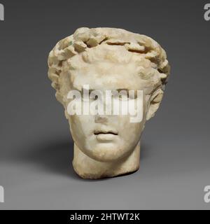 Art inspired by Marble head of Herakles, Early Imperial, 1st century A.D., Roman, Marble, H. 6 3/4 in. (17.1 cm), Stone Sculpture, Small-scale copy of a Greek statue of the early 3rd century B.C.. The Greek hero, Herakles, is shown as a beardless young man with sideburns. He has, Classic works modernized by Artotop with a splash of modernity. Shapes, color and value, eye-catching visual impact on art. Emotions through freedom of artworks in a contemporary way. A timeless message pursuing a wildly creative new direction. Artists turning to the digital medium and creating the Artotop NFT Stock Photo