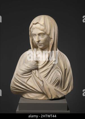 Art inspired by Marble portrait bust of a woman, Severan, ca. A.D. 193–211, Roman, Marble, H. 26 in. (66 cm), Stone Sculpture, Said to be from the Greek islands. In the early third century A.D., some marble busts became so deep as to be almost half-statues and often included the arms, Classic works modernized by Artotop with a splash of modernity. Shapes, color and value, eye-catching visual impact on art. Emotions through freedom of artworks in a contemporary way. A timeless message pursuing a wildly creative new direction. Artists turning to the digital medium and creating the Artotop NFT Stock Photo