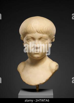 Art inspired by Marble portrait bust of a boy, Early Imperial, Julio-Claudian, ca. A.D. 35–50, Roman, Marble, H. 12 1/2 in. (31.8 cm), Stone Sculpture, The reduced scale of this bust and the carefully combed hair, with bangs parted in the center, are features that suggest a date toward, Classic works modernized by Artotop with a splash of modernity. Shapes, color and value, eye-catching visual impact on art. Emotions through freedom of artworks in a contemporary way. A timeless message pursuing a wildly creative new direction. Artists turning to the digital medium and creating the Artotop NFT Stock Photo
