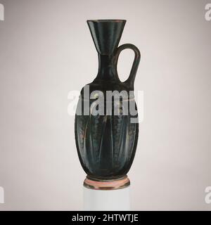 Art inspired by Terracotta lekythos (oil flask), Late Classical, 4th century B.C., Greek, Boeotian, Terracotta; black-glaze, H. 6 1/8 in. (15.6 cm), Vases, Stamped patterns, Classic works modernized by Artotop with a splash of modernity. Shapes, color and value, eye-catching visual impact on art. Emotions through freedom of artworks in a contemporary way. A timeless message pursuing a wildly creative new direction. Artists turning to the digital medium and creating the Artotop NFT Stock Photo