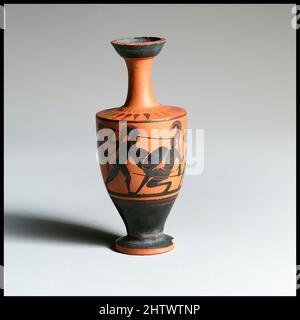 Art inspired by Lekythos, Late Archaic, early 5th century B.C., Greek, Attic, Terracotta; black-figure, H. 4 3/16 in. (10.6 cm), Vases, Classic works modernized by Artotop with a splash of modernity. Shapes, color and value, eye-catching visual impact on art. Emotions through freedom of artworks in a contemporary way. A timeless message pursuing a wildly creative new direction. Artists turning to the digital medium and creating the Artotop NFT Stock Photo