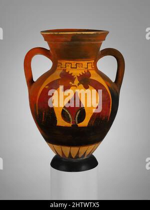 Art inspired by Terracotta amphora (jar), Archaic, ca. 540–530 B.C., Etruscan, Terracotta; black-figure, H. 13 3/4 in. (35 cm), Vases, Two heraldic roosters flanking an ivy leaf. Vases of this shape, derived from Attic prototypes, were popular products of southern Etruscan workshops, Classic works modernized by Artotop with a splash of modernity. Shapes, color and value, eye-catching visual impact on art. Emotions through freedom of artworks in a contemporary way. A timeless message pursuing a wildly creative new direction. Artists turning to the digital medium and creating the Artotop NFT Stock Photo