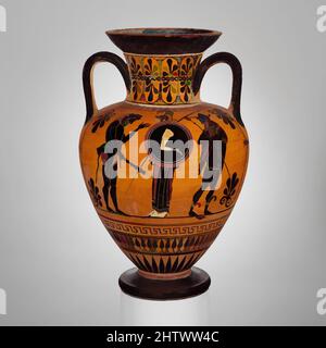 Art inspired by Terracotta neck-amphora (jar), Archaic, ca. 520 B.C., Greek, Attic, Terracotta; black-figure, H. 40.49 cm., Vases, Obverse, Herakles, Athena, and Hermes., Reverse, frontal chariot and archer, Classic works modernized by Artotop with a splash of modernity. Shapes, color and value, eye-catching visual impact on art. Emotions through freedom of artworks in a contemporary way. A timeless message pursuing a wildly creative new direction. Artists turning to the digital medium and creating the Artotop NFT Stock Photo