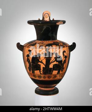 Art inspired by Terracotta hydria (water jar), Archaic, ca. 510 B.C., Greek, Attic, Terracotta; black-figure, H. 21 5/16 in. (54.1 cm), Vases, On the body, Achilles and Ajax playing board game at Troy, On the shoulder, chariot departing. The scene on the body depicts one of the most, Classic works modernized by Artotop with a splash of modernity. Shapes, color and value, eye-catching visual impact on art. Emotions through freedom of artworks in a contemporary way. A timeless message pursuing a wildly creative new direction. Artists turning to the digital medium and creating the Artotop NFT Stock Photo