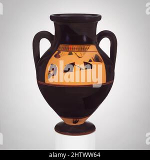 Art inspired by Terracotta amphora (jar), Archaic, ca. 540 B.C., Greek, Attic, Terracotta; black-figure, H. 14 3/4 in. (37.5 cm), Vases, Obverse and reverse, men and youths. The Affecter is a particularly recognizable personality among artists of the second half of the sixth century B., Classic works modernized by Artotop with a splash of modernity. Shapes, color and value, eye-catching visual impact on art. Emotions through freedom of artworks in a contemporary way. A timeless message pursuing a wildly creative new direction. Artists turning to the digital medium and creating the Artotop NFT Stock Photo