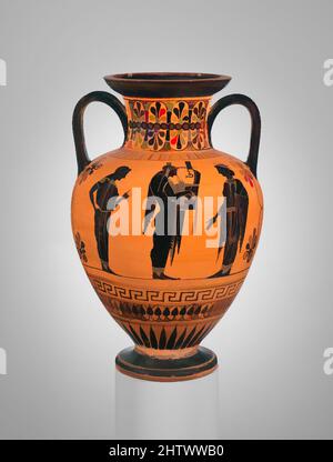 Art inspired by Neck-amphora, Archaic, ca. 520–510 B.C., Greek, Attic, Terracotta; black-figure, 16 7/16in. (41.7cm), Vases, Classic works modernized by Artotop with a splash of modernity. Shapes, color and value, eye-catching visual impact on art. Emotions through freedom of artworks in a contemporary way. A timeless message pursuing a wildly creative new direction. Artists turning to the digital medium and creating the Artotop NFT Stock Photo