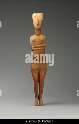 Art inspired by Marble female figure, Early Cycladic II, 2600–2400 B.C., Cycladic, Marble, H. 24 3/4 in. (62.79 cm), Stone Sculpture, The recognition of distinct artistic personalities in Cycladic sculpture is based upon recurring systems of proportion and details of execution. The, Classic works modernized by Artotop with a splash of modernity. Shapes, color and value, eye-catching visual impact on art. Emotions through freedom of artworks in a contemporary way. A timeless message pursuing a wildly creative new direction. Artists turning to the digital medium and creating the Artotop NFT Stock Photo